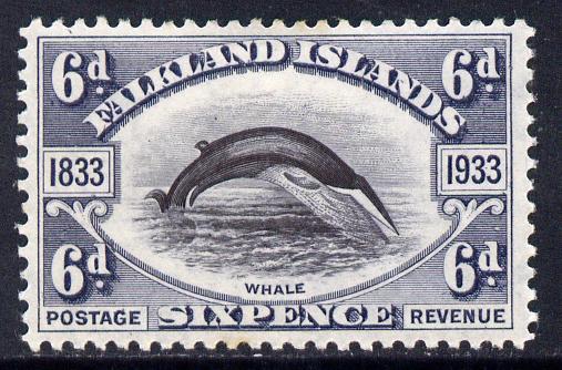 Falkland Islands 1933 Centenary 6d Fin Whale mounted mint SG 133, stamps on , stamps on  kg5 , stamps on whales, stamps on 