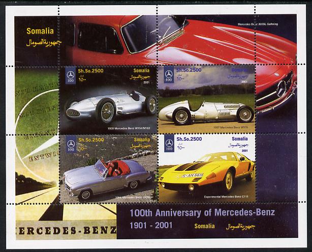 Somalia 2001 Centenary of Mercedes-Benz perf sheetlet containing 4 values unmounted mint. Note this item is privately produced and is offered purely on its thematic appeal, stamps on , stamps on  stamps on cars, stamps on  stamps on mercedes, stamps on  stamps on racing cars, stamps on  stamps on  f1 , stamps on  stamps on formula 1, stamps on  stamps on 