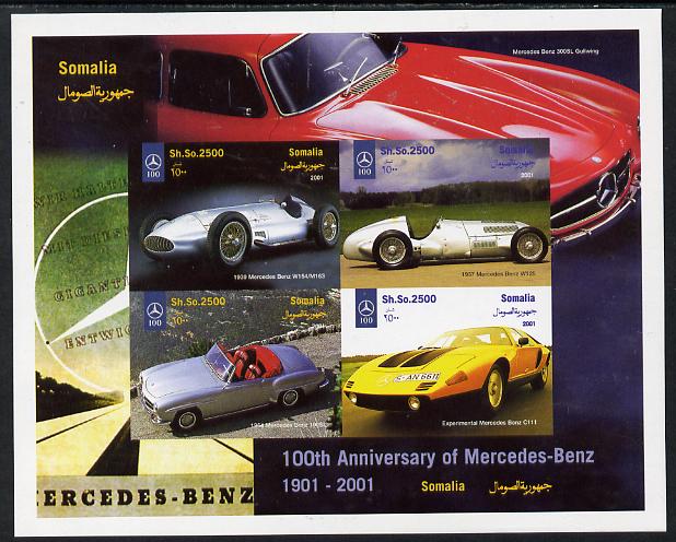 Somalia 2001 Centenary of Mercedes-Benz imperf sheetlet containing 4 values unmounted mint. Note this item is privately produced and is offered purely on its thematic appeal, it has no postal validity, stamps on , stamps on  stamps on cars, stamps on  stamps on mercedes, stamps on  stamps on racing cars, stamps on  stamps on  f1 , stamps on  stamps on formula 1, stamps on  stamps on 