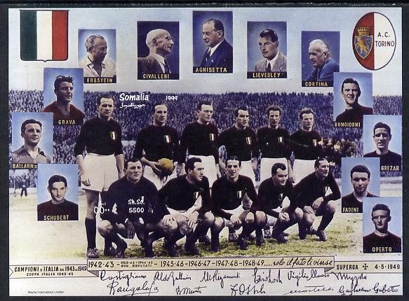 Somalia 1999 Football - Grande Torino imperf m/sheet unmounted mint. Note this item is privately produced and is offered purely on its thematic appeal, it has no postal v..., stamps on football