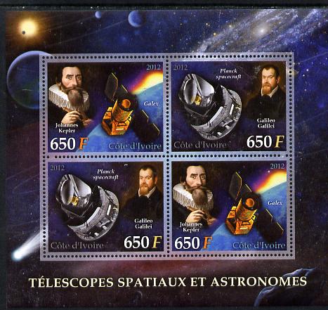 Ivory Coast 2012 Space Telescopes & Astronomers perf sheetlet containing 4 values (2 sets of 2) unmounted mint, stamps on telescopes, stamps on space, stamps on galileo, stamps on kepler