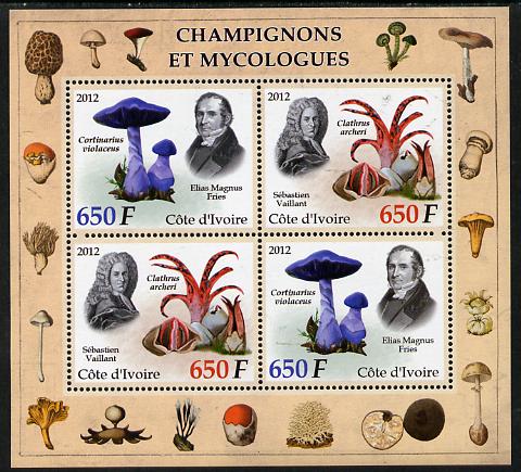 Ivory Coast 2012 Fungi & Mycologists perf sheetlet containing 4 values (2 sets of 2) unmounted mint, stamps on , stamps on  stamps on fungi