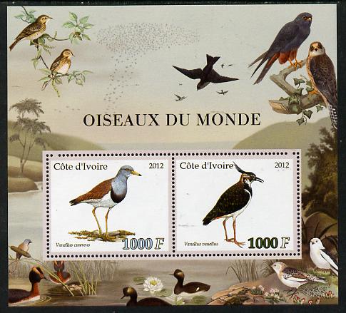 Ivory Coast 2012 Birds of the World #2 perf sheetlet containing 2 values unmounted mint, stamps on birds, stamps on lapwing