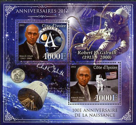 Ivory Coast 2013 Anniversaries - Birth Centenary of Robert Gilruth perf sheetlet containing 2 values unmounted mint, stamps on , stamps on  stamps on personalities, stamps on  stamps on space, stamps on  stamps on apollo, stamps on  stamps on coins, stamps on  stamps on nasa