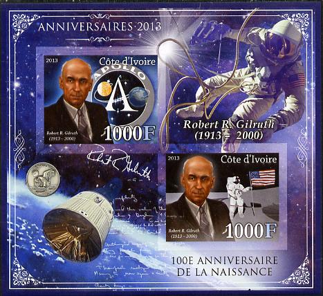 Ivory Coast 2013 Anniversaries - Birth Centenary of Robert Gilruth imperf sheetlet containing 2 values unmounted mint, stamps on personalities, stamps on space, stamps on apollo, stamps on coins, stamps on nasa