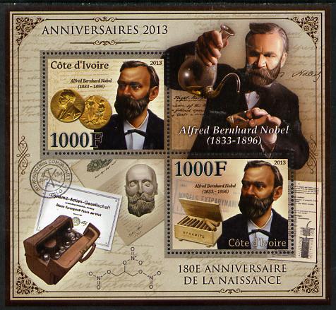 Ivory Coast 2013 Anniversaries - 180th Birth Anniversary of Alfred Nobel perf sheetlet containing 2 values unmounted mint, stamps on personalities, stamps on nobel, stamps on coins, stamps on science, stamps on chemistry