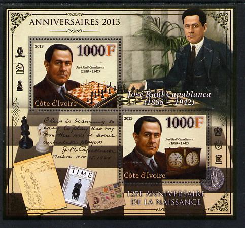 Ivory Coast 2013 Anniversaries - 125th Birth Anniversary of Jose Raul Capablanca perf sheetlet containing 2 values unmounted mint, stamps on personalities, stamps on chess, stamps on clocks, stamps on coins, stamps on postal, stamps on 