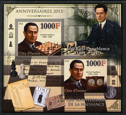 Ivory Coast 2013 Anniversaries - 125th Birth Anniversary of Jose Raul Capablanca imperf sheetlet containing 2 values unmounted mint, stamps on , stamps on  stamps on personalities, stamps on  stamps on chess, stamps on  stamps on clocks, stamps on  stamps on coins, stamps on  stamps on postal, stamps on  stamps on 