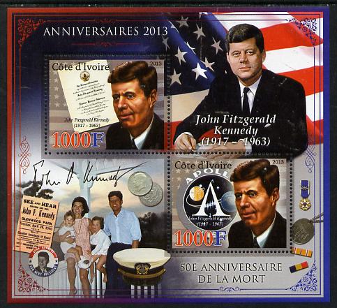 Ivory Coast 2013 Anniversaries - 50th Death Anniversary of John F Kennedy perf sheetlet containing 2 values unmounted mint, stamps on personalities, stamps on kennedy, stamps on americana, stamps on us presidents, stamps on coins, stamps on apollo.flags