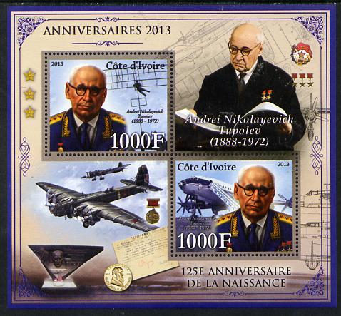 Ivory Coast 2013 Anniversaries - 125th Birth Anniversary of Andrei Tupolev perf sheetlet containing 2 values unmounted mint, stamps on , stamps on  stamps on personalities, stamps on  stamps on aviation, stamps on  stamps on coins, stamps on  stamps on tupolev, stamps on  stamps on medals, stamps on  stamps on 