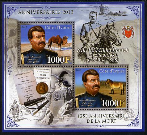 Ivory Coast 2013 Anniversaries - 125th Death Anniversary of Nikolai Przhevalsky perf sheetlet containing 2 values unmounted mint, stamps on , stamps on  stamps on personalities, stamps on  stamps on explorers, stamps on  stamps on coins, stamps on  stamps on camels, stamps on  stamps on horses