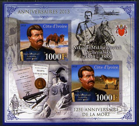 Ivory Coast 2013 Anniversaries - 125th Death Anniversary of Nikolai Przhevalsky imperf sheetlet containing 2 values unmounted mint, stamps on personalities, stamps on explorers, stamps on coins, stamps on camels, stamps on horses