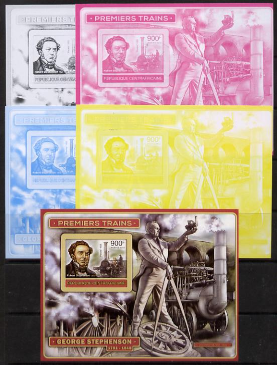 Central African Republic 2012 Early Trains - Robert Stephenson deluxe sheet - the set of 5 imperf progressive proofs comprising the 4 individual colours plus all 4-colour composite, unmounted mint , stamps on railways, stamps on bridges