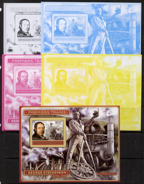 Central African Republic 2012 Early Trains - Richard Trevithick deluxe sheet - the set of 5 imperf progressive proofs comprising the 4 individual colours plus all 4-colour composite, unmounted mint , stamps on railways, stamps on bridges