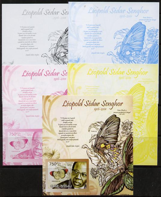 Guinea - Bissau 2012 Commemorating Leopold Sedar Senghor - Butterflies #1 deluxe sheet - the set of 5 imperf progressive proofs comprising the 4 individual colours plus all 4-colour composite, unmounted mint , stamps on personalities, stamps on constitutions, stamps on butterflies