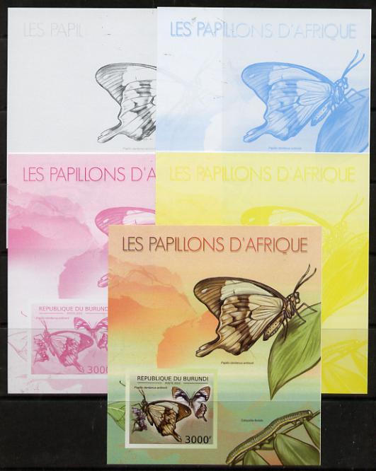 Burundi 2012 Butterflies #1 deluxe sheet - the set of 5 imperf progressive proofs comprising the 4 individual colours plus all 4-colour composite, unmounted mint , stamps on , stamps on  stamps on butterflies
