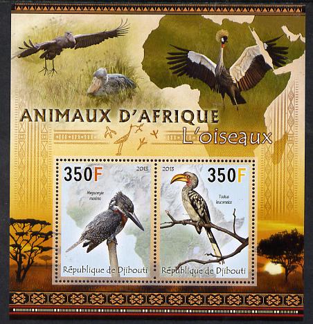 Djibouti 2013 Animals of Africa - Birds #1 perf sheetlet containing 2 values unmounted mint, stamps on maps, stamps on birds, stamps on kingfishers