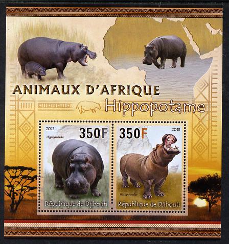 Djibouti 2013 Animals of Africa - Hippos perf sheetlet containing 2 values unmounted mint, stamps on maps, stamps on animals, stamps on hippos