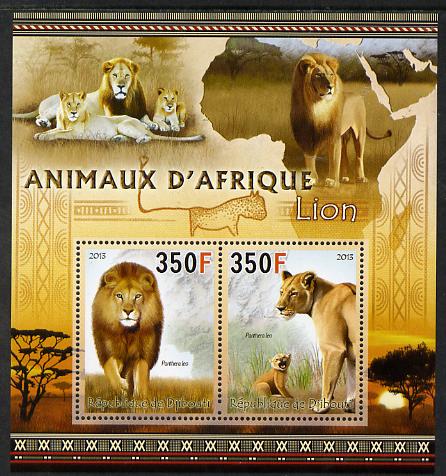 Djibouti 2013 Animals of Africa - Lions perf sheetlet containing 2 values unmounted mint, stamps on , stamps on  stamps on maps, stamps on  stamps on animals, stamps on  stamps on lions, stamps on  stamps on cats