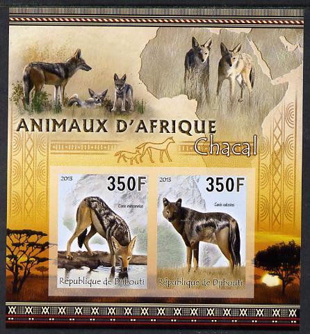 Djibouti 2013 Animals of Africa - Chacals imperf sheetlet containing 2 values unmounted mint, stamps on , stamps on  stamps on maps, stamps on  stamps on animals, stamps on  stamps on jackals, stamps on  stamps on chacals