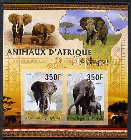 Djibouti 2013 Animals of Africa - Elephants imperf sheetlet containing 2 values unmounted mint, stamps on , stamps on  stamps on maps, stamps on  stamps on animals, stamps on  stamps on elephants