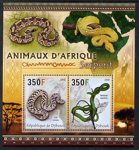 Djibouti 2013 Animals of Africa - Snakes perf sheetlet containing 2 values unmounted mint, stamps on , stamps on  stamps on maps, stamps on  stamps on animals, stamps on  stamps on snakes, stamps on  stamps on reptiles