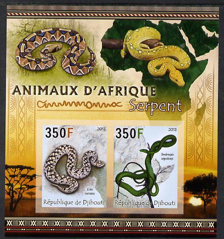 Djibouti 2013 Animals of Africa - Snakes imperf sheetlet containing 2 values unmounted mint, stamps on , stamps on  stamps on maps, stamps on  stamps on animals, stamps on  stamps on snakes, stamps on  stamps on reptiles