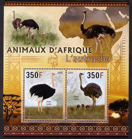 Djibouti 2013 Animals of Africa - Ostriches perf sheetlet containing 2 values unmounted mint, stamps on , stamps on  stamps on maps, stamps on  stamps on birds, stamps on  stamps on ostriches