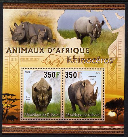 Djibouti 2013 Animals of Africa - Rhinos imperf sheetlet containing 2 values unmounted mint, stamps on maps, stamps on animals, stamps on rhinos