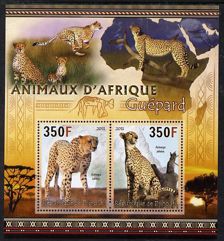 Djibouti 2013 Animals of Africa - Cheetahs perf sheetlet containing 2 values unmounted mint, stamps on , stamps on  stamps on maps, stamps on  stamps on animals, stamps on  stamps on lions, stamps on  stamps on cats, stamps on  stamps on cheetahs