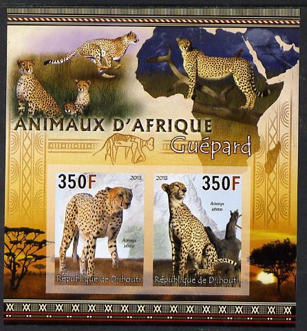 Djibouti 2013 Animals of Africa - Cheetahs imperf sheetlet containing 2 values unmounted mint, stamps on maps, stamps on animals, stamps on lions, stamps on cats, stamps on cheetahs