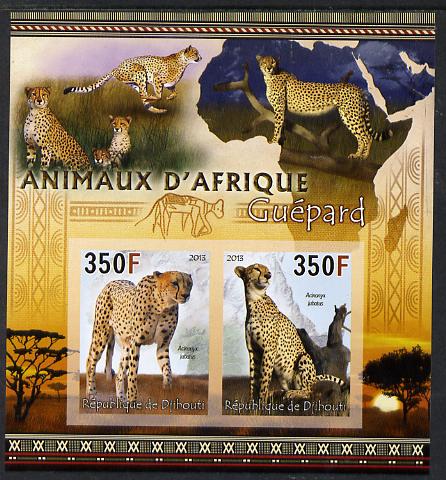 Djibouti 2013 Animals of Africa - Cheetahs imperf sheetlet containing 2 values unmounted mint, stamps on , stamps on  stamps on maps, stamps on  stamps on animals, stamps on  stamps on lions, stamps on  stamps on cats, stamps on  stamps on cheetahs