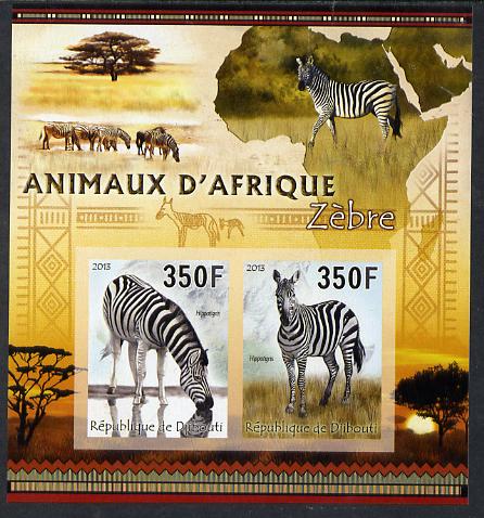 Djibouti 2013 Animals of Africa - Zebras imperf sheetlet containing 2 values unmounted mint, stamps on , stamps on  stamps on maps, stamps on  stamps on animals, stamps on  stamps on zebras