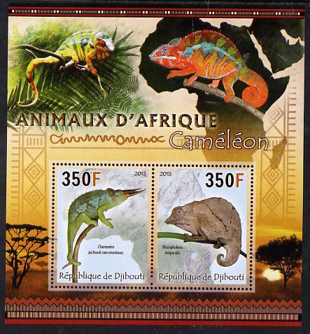 Djibouti 2013 Animals of Africa - Chameleons perf sheetlet containing 2 values unmounted mint, stamps on maps, stamps on animals, stamps on chameleons, stamps on reptiles