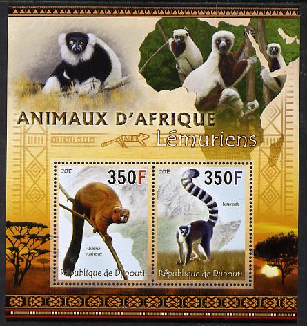 Djibouti 2013 Animals of Africa - Lemurs perf sheetlet containing 2 values unmounted mint, stamps on , stamps on  stamps on maps, stamps on  stamps on animals, stamps on  stamps on lemurs, stamps on  stamps on monkeys, stamps on  stamps on apes