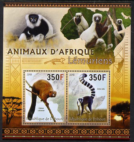 Djibouti 2013 Animals of Africa - Lemurs perf sheetlet containing 2 values unmounted mint, stamps on maps, stamps on animals, stamps on lemurs, stamps on monkeys, stamps on apes