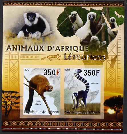 Djibouti 2013 Animals of Africa - Lemurs imperf sheetlet containing 2 values unmounted mint, stamps on maps, stamps on animals, stamps on lemurs, stamps on monkeys, stamps on apes