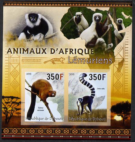 Djibouti 2013 Animals of Africa - Lemurs imperf sheetlet containing 2 values unmounted mint, stamps on , stamps on  stamps on maps, stamps on  stamps on animals, stamps on  stamps on lemurs, stamps on  stamps on monkeys, stamps on  stamps on apes