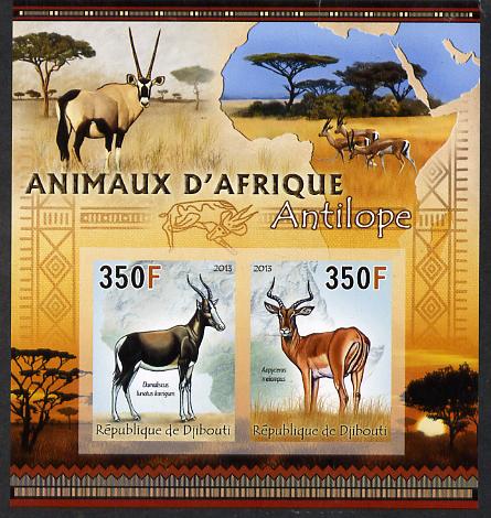 Djibouti 2013 Animals of Africa - Antelopes imperf sheetlet containing 2 values unmounted mint, stamps on , stamps on  stamps on maps, stamps on  stamps on animals, stamps on  stamps on antelopes, stamps on  stamps on bovine