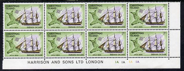 Christmas Island 1972-73 Ships - 7c Asia SE corner block of 8 with Harrison & Sons imprint & cyl nos 1A x 4 unmounted mint but minor wrinkles in margin as SG 43, stamps on , stamps on  stamps on ships