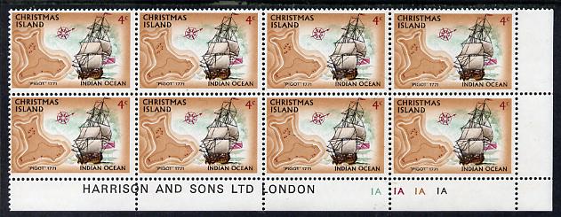 Christmas Island 1972-73 Ships - 4c Pigot SE corner block of 8 with Harrison & Sons imprint & cyl nos 1A x 4 unmounted mint but minor wrinkles in margin as SG 40, stamps on ships