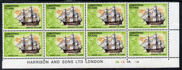 Christmas Island 1972-73 Ships - 1c Eagle SE corner block of 8 with Harrison & Sons imprint & cyl nos 1A x 4 unmounted mint but minor wrinkles in margin as SG 37, stamps on ships