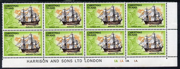 Christmas Island 1972-73 Ships - 1c Eagle SE corner block of 8 with Harrison & Sons imprint & cyl nos 1A x 4 unmounted mint but minor wrinkles in margin as SG 37, stamps on , stamps on  stamps on ships