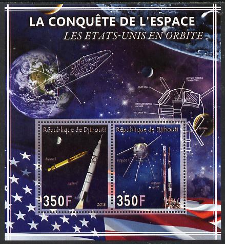 Djibouti 2013 Conquest of Space - Early US Orbits perf sheetlet containing 2 values unmounted mint, stamps on , stamps on  stamps on space, stamps on  stamps on explorer, stamps on  stamps on vanguard, stamps on  stamps on satellites, stamps on  stamps on flags