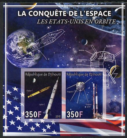 Djibouti 2013 Conquest of Space - Early US Orbits imperf sheetlet containing 2 values unmounted mint, stamps on space, stamps on explorer, stamps on vanguard, stamps on satellites, stamps on flags