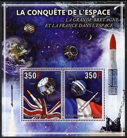 Djibouti 2013 Conquest of Space - Great Britain & France in Space perf sheetlet containing 2 values unmounted mint, stamps on space, stamps on satellites, stamps on flags