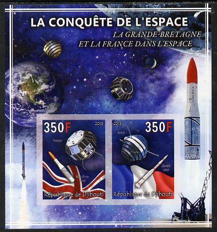 Djibouti 2013 Conquest of Space - Great Britain & France in Space imperf sheetlet containing 2 values unmounted mint, stamps on , stamps on  stamps on space, stamps on  stamps on satellites, stamps on  stamps on flags