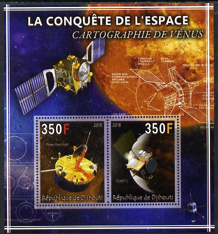 Djibouti 2013 Conquest of Space - The Mapping of Venus perf sheetlet containing 2 values unmounted mint, stamps on , stamps on  stamps on space, stamps on  stamps on satellites, stamps on  stamps on venus, stamps on  stamps on planets, stamps on  stamps on 