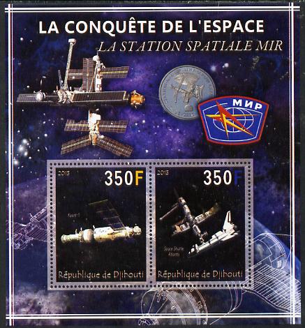 Djibouti 2013 Conquest of Space - Space Station Mir perf sheetlet containing 2 values unmounted mint, stamps on , stamps on  stamps on space, stamps on  stamps on satellites, stamps on  stamps on  mir , stamps on  stamps on shuttle