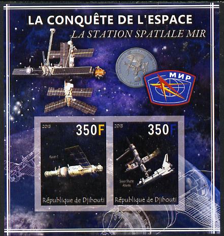 Djibouti 2013 Conquest of Space - Space Station Mir imperf sheetlet containing 2 values unmounted mint, stamps on , stamps on  stamps on space, stamps on  stamps on satellites, stamps on  stamps on  mir , stamps on  stamps on shuttle